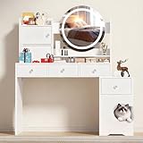 okcomuy Vanity Desk with 3 Color Touch Screen Mirror & Light, Modern Retractable Makeup Vanity Dresser Table with Cat Bed 2 Storage Shelves & 4 Sliding Drawers, White
