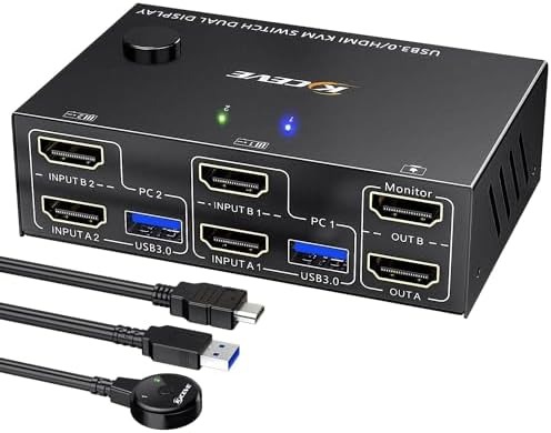 USB 3.0 HDMI KVM Switch 2 PC 2 monitory 4K 60 Hz 2K 144 Hz, symulacja EDID, MLEEDA 2 PC 2 Monitor Switch z 4 portami USB 3.0 do klawiatury, myszy, kabla zdalnego sterowania i kabla w zestawie