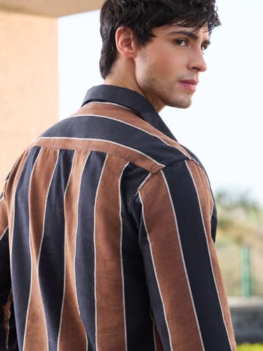 Image of The Souled Store: Echo Men and Boys Long Sleeve Spread Collar Beige and Blue Striped Regular Fit Casual Easy to Wear Summer Ready Lightweight Cotton Linen Shirt