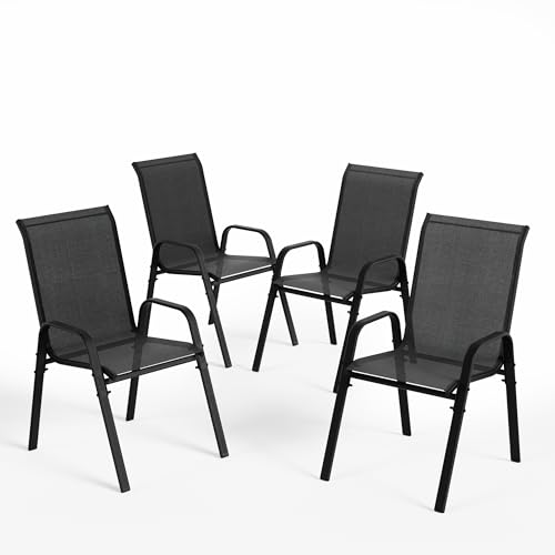 ALAULM Hochlehner Gartenstühle 4er Set Stapelbar, Wetterfeste Terrassenstühle mit Armlehnen, Atmungsaktives Textilene & Stahlgestell für Garten, Balkon, Terrasse, Poolbereich (Schwarz)