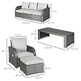 Outsunny Rattan Garden Sofa Set With 3 Seater Sofa, 2 Reclining Single Sofa, Coffee Table, Footstool, Space-saving Outdoor Patio Wicker Furniture Set - Light Grey - Image 7