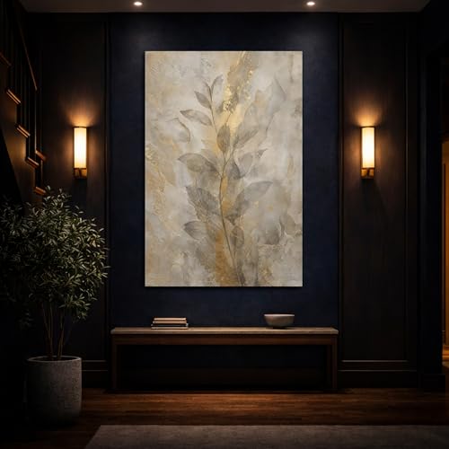 Tableau abstrait salon feuilles dorées et beige deco murale 50x75