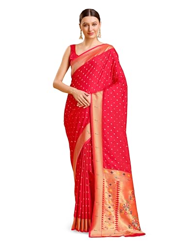 Monjolika Fashion Paithani Silk Rich pallu Saree Red Color With Gold Weaves Zari Work Comes With Unstitched Bl