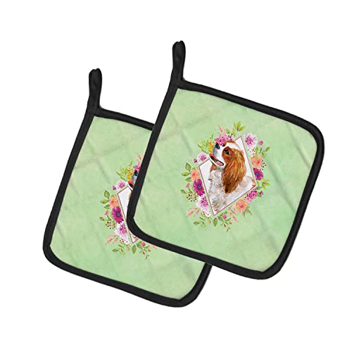 Caroline's Treasures CK4286PTHD Cavalier King Charles Spaniel Green Flowers Pair of Pot Holders Kitchen Heat Resistant Pot Holders Sets Oven Hot Pads for Cooking Baking BBQ, 7 1/2 x 7 1/2