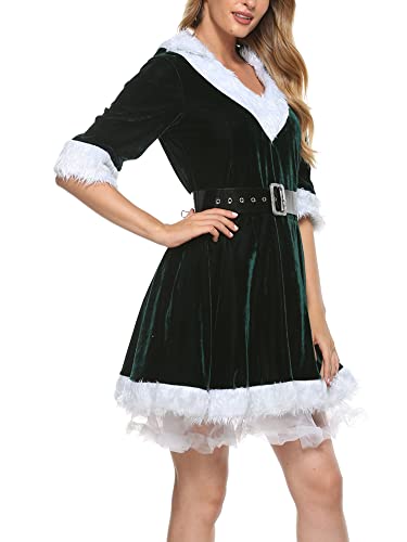 Achlibe Women Mrs Santa Claus Costume Christmas Fancy Dress Plush V-Neck Velvet Cosplay Dress Outfit (A-b-Green, S) - Image 2