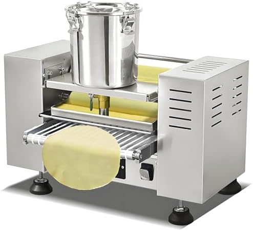 Electric Crepe Maker Machine with Stainless Steel Bucket, Conveyor Belt, Dough Roller & Tray, 150-200°C Adjustable Temperature, 10-Inch Pancake Maker for Uniform Heating & Thickness