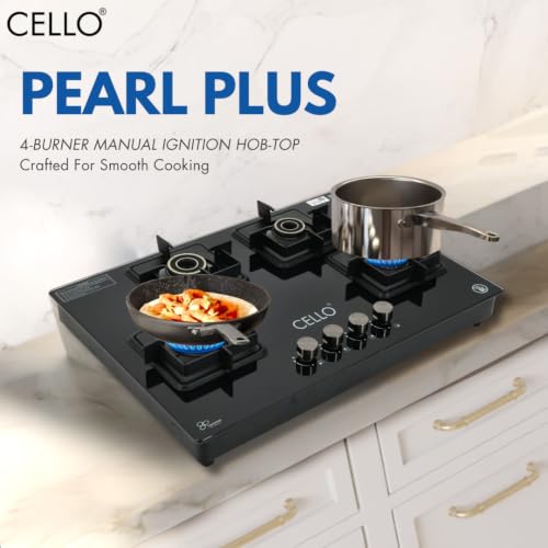Image of Cello Pearl Plus Hob-Top 4 Burner | Manual Ignition | 8mm Toughened Glass | Flower Design Brass Burners | 1 Year Warranty by Cello | Black