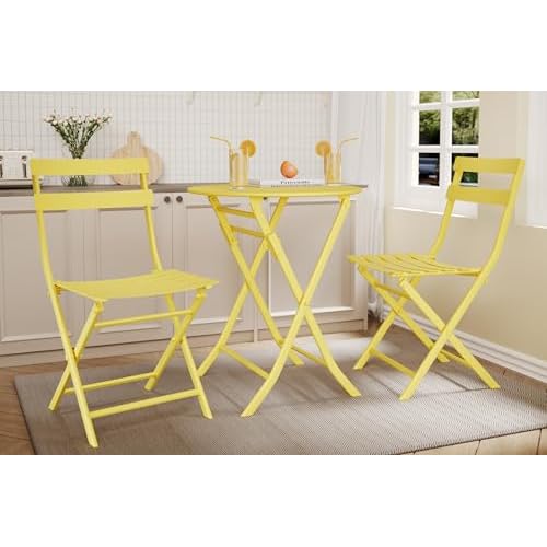 Garvee 3-Piece Outdoor Bistro Set, Folding Patio Bistro Sets with 1 Table and 2 Chairs, Metal Frame Bistro Table and Chairs Set of 2 for Small Space,