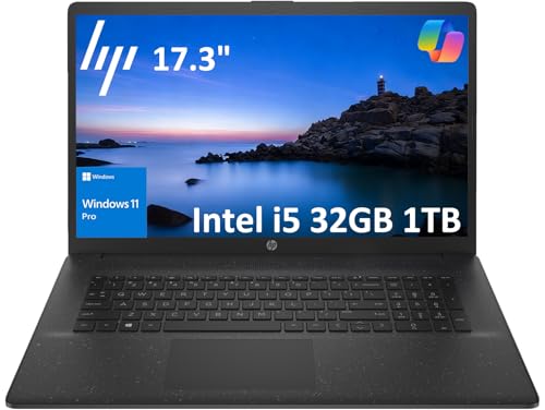 HP 17 Laptop (17.3' HD+, Intel 10-Core i5-1334U ( i7-1255U), 32GB RAM, 1TB SSD) for Business, Home, Student, Narrow Bezel, Webcam, Long Battery Life, Wi-Fi, Fast Charge, Win 11 Pro w/ Copilot