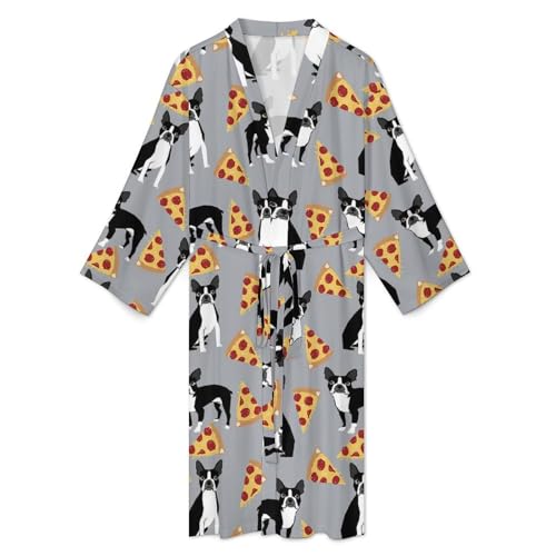 Boston Terrier Dog Pizza Lightweight Kimono Spa Bath Robes Knee Length Loungewear Long Sleeved Bathrobe2