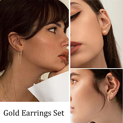 LOYALLOOK 29Pcs 14K Gold Plated Studs Earrings and Hoops Set for Women Huggie Hoop Studs Earrings Set Dainty Minimalist Moon Heart Butterfly CZ Ball Small Dangle Chain Hoop Earrings Set for Multiple Piercing4