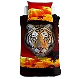 decke afrika motiv 2-teilige, glatte und weiche Bett-Garnitur für Jugendliche und Erwachsene mit Raubkatzen-Motiv in der afrikanischen Landschaft sowie atemberaubendem Sonnenuntergang, Abseite im gleichen Design ohne Tigerkopf