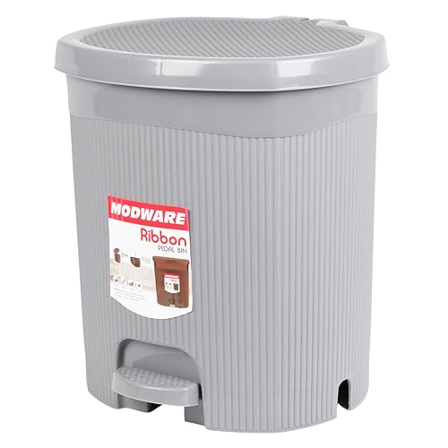 Image of MODWARE Premium Ribbon Plastic Pedal Dustbin with Removable Inner Bucket I PP Polypropylene Material I Foot Pedal for Hands-Free operation I for Kitchen, Office, College (Grey)