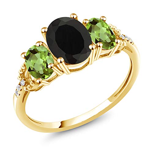 Gem Stone King 2.64 Cttw Oval 8X6MM Black Onyx Oval 6X4MM Green Peridot 10K Yellow Gold 3-Stone Ring for Women | Gemstone Birthstone | Size 5,6,7,8,9