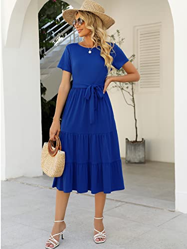 Image of Lyrur Women's Dresses Casual Summer Tiered Midi Dress Short Sleeve Belted Ruffle Babydoll Boho Sundress with Pockets