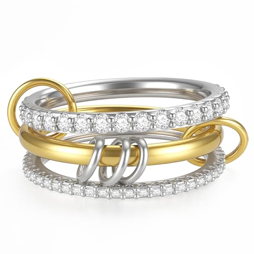 Emibele Anillos Apilables Para Mujeres Entrelazado Plata Oro Anillos No Deslustra Delicado Circonia Banda Declaración Dos Tonalidades Metal Mezclado Aros Superponibles Moderno Joya Regalo, Talla 8