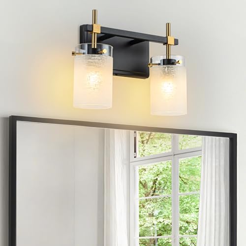 Image of 2-Light Modern Bathroom Vanity Light,Black and Gold Light Fixtures for Bathroom,Modern Wall Light Over Mirror with White Linen Frosted Glass E26 Socket (Bulbs Not Included)
