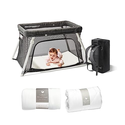 Image of Guava Lotus Travel Crib Bundle: Cotton + Quilted Sheet, and Mattress | Play Yard with Lightweight Backpack Design | Certified Baby Safe Portable Crib | Folding Portable Playpen for Babies & Toddlers