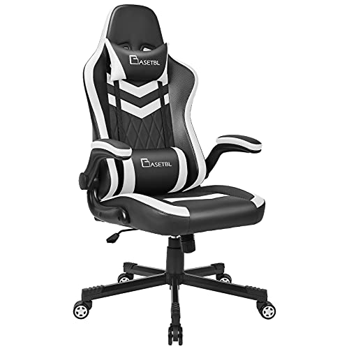 BASETBL Silla de Oficina ergonómica con reposabrazos Ajustable, cojín para el Cuello Acolchado, Tejido Suave Transpirable, ángulo de inclinación de 90°-120°, soporta hasta 150 kg, Color Blanco Cover