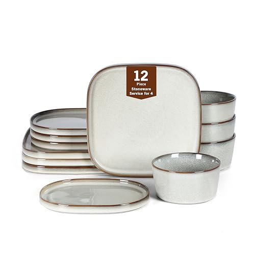 Image of Stone Lain Cairo 12-Piece Dinnerware Stoneware, Plates and Bowls, Microwave and Dishwasher Safe, Includes Dinner and Salad Plates, Cereal Bowls, Dish Set for 4, Grey