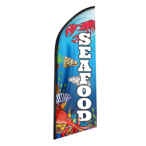 QSUM Seafood Themed Feather Flag, 8FT Seafood Advertising Swooper Flag, Polyester Vivid Color and Fade Proof Seafood Signs for Businesses (Flagpole Not Included) -  QS231127-82