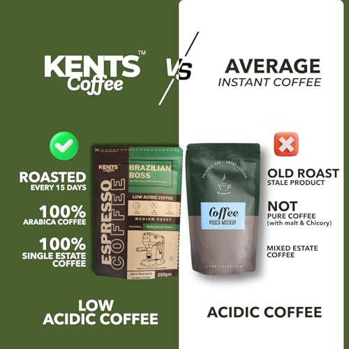 Image of Kents Coffee Brazilian Boss Medium Roast | LOW ACIDIC COFFEE | Ground Coffee for Home Espresso Machine | FINE GRIND | 100% Arabica Powder | Taste Like Nutty, Smooth, Chocolate Notes | Speciality Chikmangalur Pouch AA Grade | Sun Dried & Washed Arabica | Freshly Roasted Bean (200Gm)