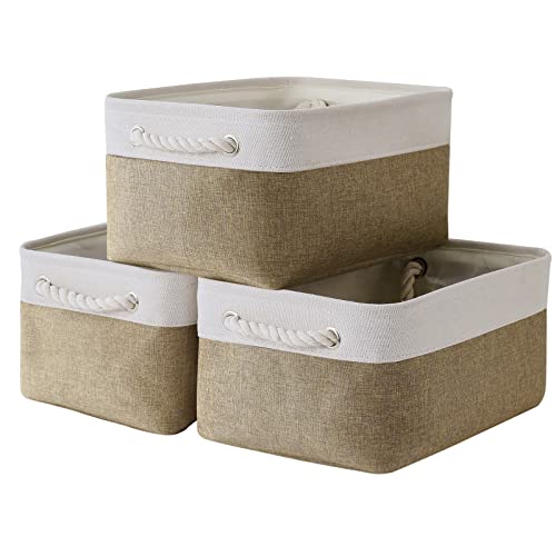 Storage Basket for Organizing – 14x10x7 inch Medium 3 Pack Collapsible Storage Bin for Shelves with Handles, Canves Storage Box for Organizer Cubes Cloth Gift Toy Closet (White & Khaki)