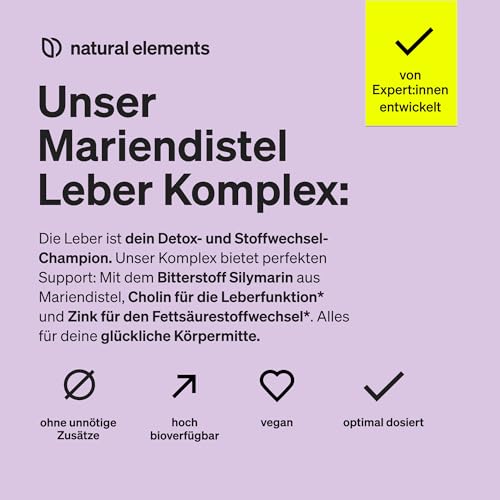 natural elements Mariendistel Leber Komplex - 120 Kapseln - mit Mariendistel, Cholin, Artischockenextrakt, Curcuma & Zink - Leberkur Hochdosiert, vegan, laborgeprüft und in Deutschland produziert 3