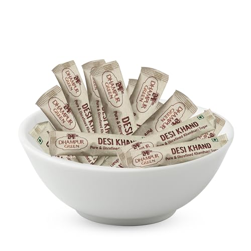 Image of Dhampur Green Desi Khand Sugar Sachets 200 pieces 5g each (1Kg) | Natural Unrefined Khandsari Sugar | Healthy Alternative to White Khand Sugar | Single Serve Sachets for Tea & Coffee | Ideal for Hotels, Cafes & Offices