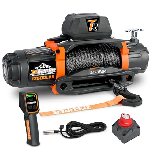 ZESUPER 13500 lb Load Capacity 12V Electric Winch 100ft Synthetic Rope Hook Winch Kit for Jeeps Trailer Truck SUV Waterproof IP68 Winches with Hawse Fairlead and 2 in 1 Wired&Wireless Handle Remot...