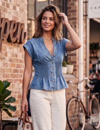 Nitzana Denim Vest Tops for Women Y2k Pleated Button Down Jean Vests Shirts — view 4