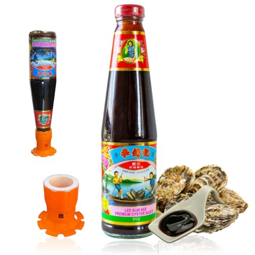 Lee Kum Kee Lkk Premium Oyster Sauce 18 Oz With Bottle Holder Upside Down | Caps Dispenser Drop | Flip It Cap Lids Design By Nrombox| Made In Usa.