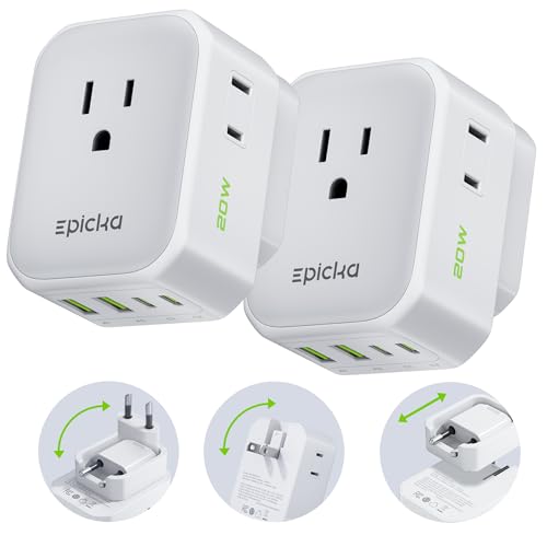 EPICKA Hybrid European Travel Plug Adapter, 2 Packs Foldable & Detachable Type C (EU) VisaPlug, 8-IN-1 International Power Adapter with 4 USB Ports (2 USB-C PD 20W), Travel Essentials for US to Europe