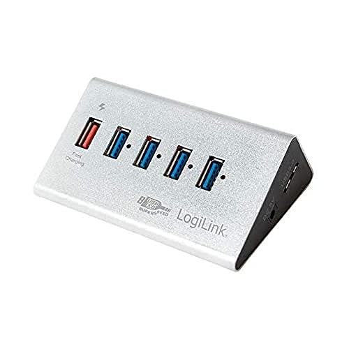 LogiLink UA0227 USB 3.0 Hub 4-port 1 x snabbladdningsport med Smart IC/LED-display/överspänningsskydd, för Windows och MAC OS