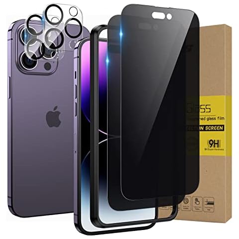 2+2PACK HWeggo Privacy Screen Protector with Camera Lens Protector for iPhone 14 Pro Max,Free Case Friendly with Easy Installation Tray,HD Clear 9H Hardness Anti Spy Black Private Tempered Glass Film Cover