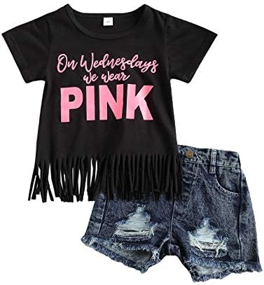 KMBANGI Trendy Kids Toddler Baby Girl Letters Print Short Sleeve Tassel T-shirt Tops Ripped Denim Shorts Summer Clothes (Black , 3-4T )