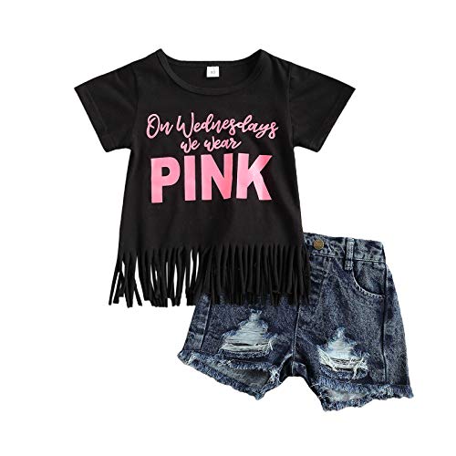 Kmbangi Trendy Kids Toddler Baby Girl Letters Print Short Sleeve Tassel T-Shirt Tops Ripped Denim Shorts Summer Clothes (Black , 3-4T ) #TOP29