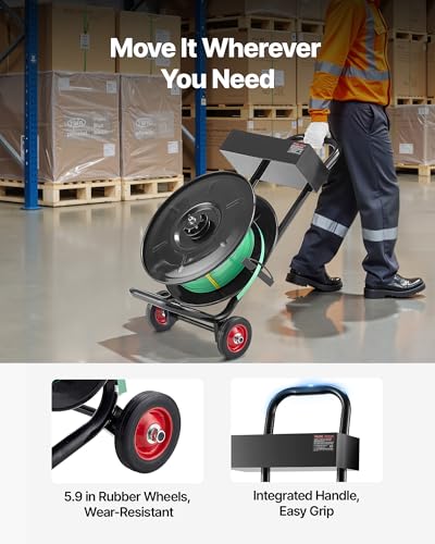 Image of VEVOR Banding Strapping Cart, Fit for PET /PP /Polyester Strapping Coils with 8 inches Core Size, Heavy Duty Strapping Dispenser Equipped with Upgrade Brake System, Built-in Spacious Tray for Tools