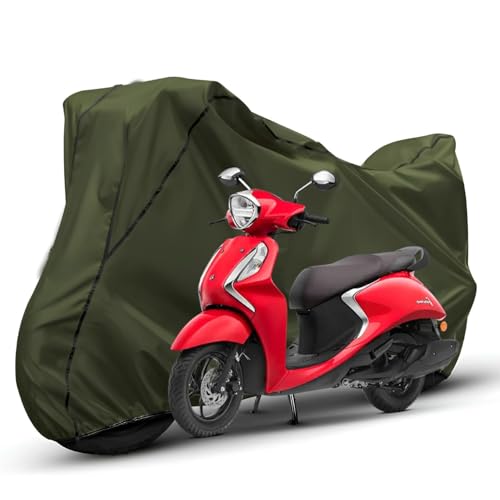 Image of Waterproof Bike Body Cover Compatible with Yamaha Fascino Dustproof Scratchproof - Motorcycle Cover for Two Wheeler, Outdoor Full Cover with UV, Duty, Rain Protection (Olive with Black)
