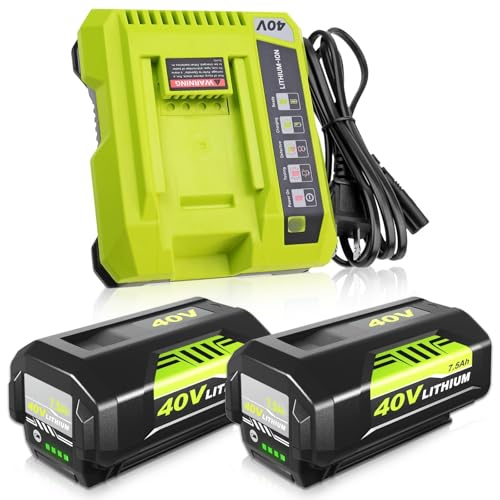 2 Pack Upgraded to 7500mAh Replacement for Ryobi 40V Battery Lithium and Charger Combo Kit Compatible with Ryobi 40 Volt Battery OP40601 OP40602 OP4050 OP40501 OP4040 OP40404 Cordless Tools (Green)