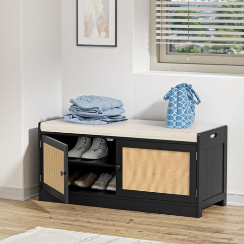 Yvsevnr Banc de Rangement avec Coussin, Banc D'entrée Etroit, Rotin Meuble Chaussure Bas Bois avec...