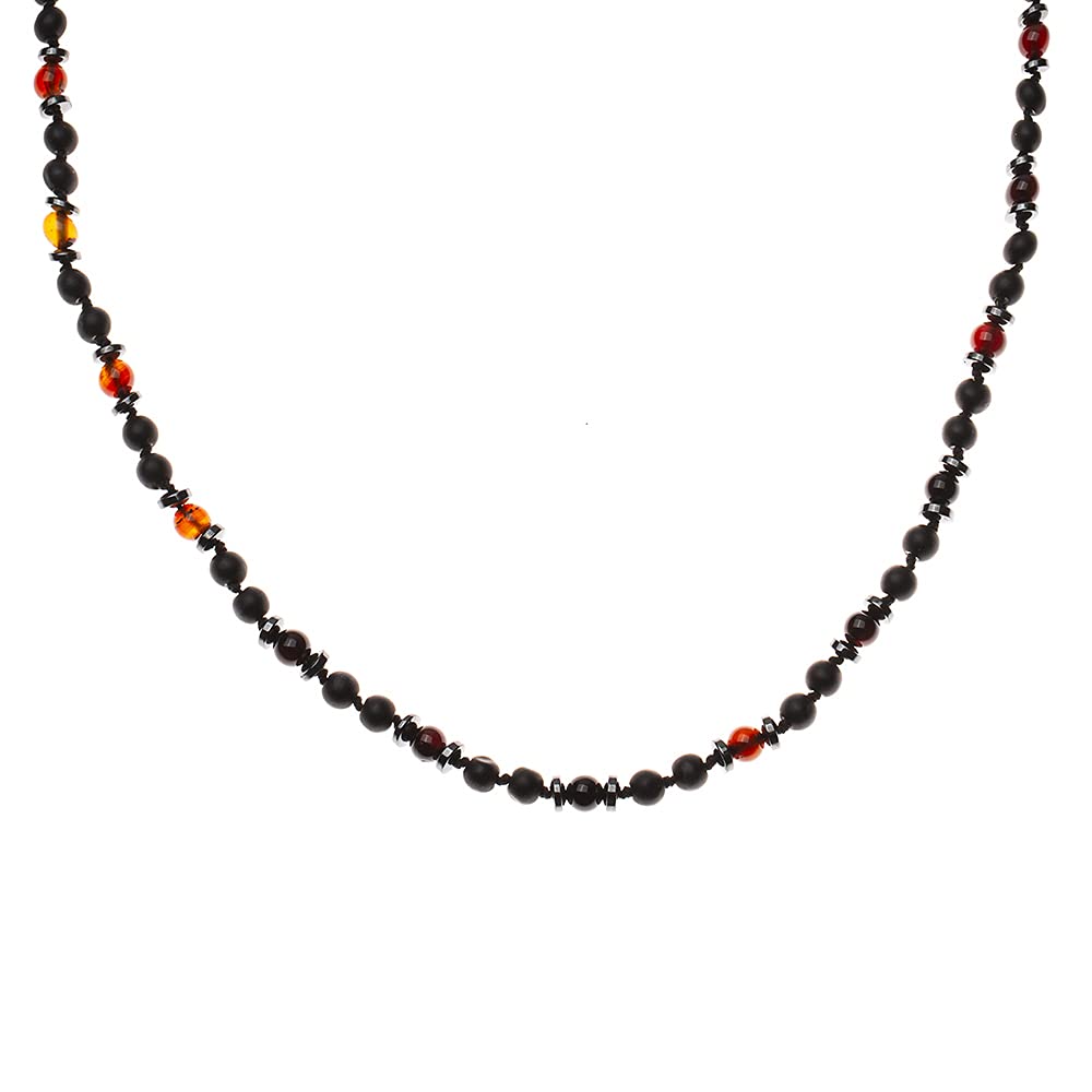 Makrome Örgülü Oniks-Akik-Hematite Combination Doğaltaş Kadın Kolye