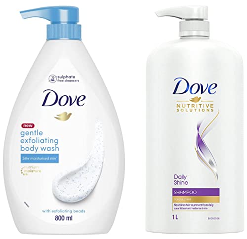 Dove Daily Shine Shampoo 1 L & Dove Gentle Exfoliating Nourishing Body Wash, Mild Cleanser Moisturizes Skin, Balances Ph, For All Skin Type, 800 ml
