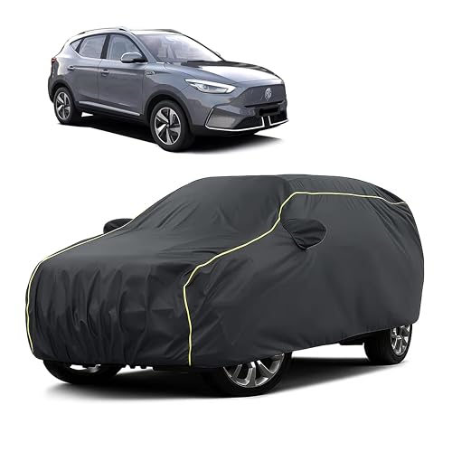 Image of Sulfar 100% Water Resistant Car Body Cover Compatible with Mirror for MG ZS EV (Triple Stitched, Full Bottom Elastic, Dark Grey Taffeta with Yellow Piping)