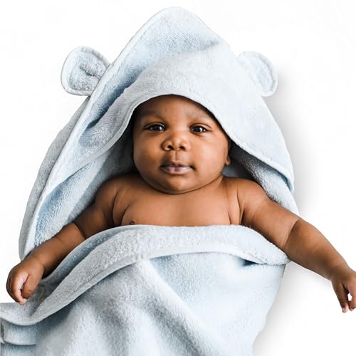 Image of Natemia Hooded Baby Bath Towel - 100% Organic Cotton Baby Towels for Newborns, Toddlers, Boys, Girls - Soft Absorbent 450 GSM - Gentle on Sensitive Skin - Baby Shower Registry Gift (Blue, 35" x 35")