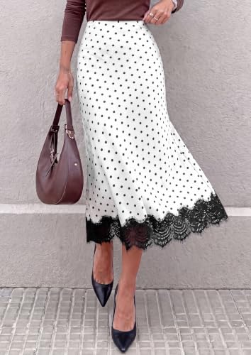 PRETTYGARDEN Women's Flowy Satin Midi A Line Skirt, Polka Dot White,XL