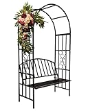Garten Rosenbogen Torbogen mit Bank, Gartenbogen Pergola Aus Metall Stabil, Rankhilfe Rosengitter für Kletterpflanzen und Rosen Breit 114 cm
