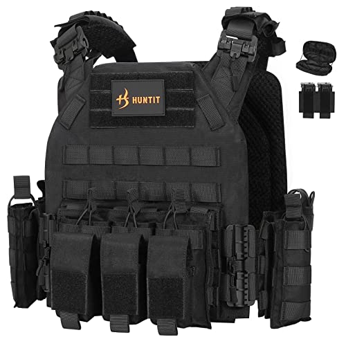 Huntit Tactical Vest Fully Adjustable Tactical Molle Vest Quick Release Airsoft Vest Military Weighted Vest With Utility Pouch (Black) #TOP7