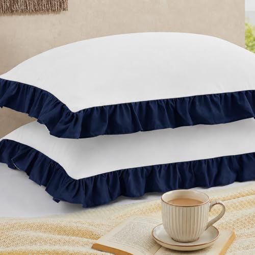 Image of Ruffled Pillow Cases Dule Tone Set of 2, White & Navy - Pillow Shams Brushed Microfiber Edge Ruffled Soft Pillow Cover with Envelope Closure for Bedding Decor 16 inch x 24 inch