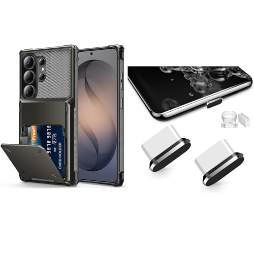 AFGHOA USB Type C Anti Dust Plug 2 Pack, for Samsung S26 Ultra Wallet Case,5 Credit Card Holder for Galaxy S26 Ultra,Shockproof Dual Layer TPU Hard Flip Cover Hidden ID Slot Card Holder for Men Women